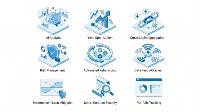 Decentralized Finance (DeFi) isometric icon set, blockchain technology and cryptocurrency concepts, smart contract security, risk management, and portfolio tracking for financial innovation