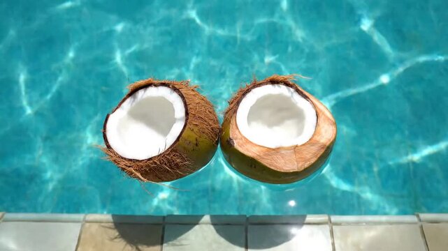 Two halved coconuts floating in clear swimming pool.