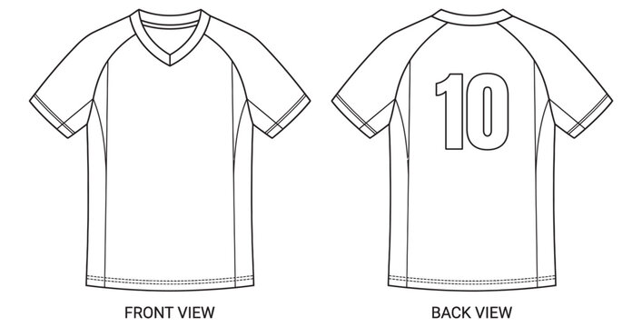 Front and back view of a simple black and white outline soccer jersey with the number ten on transparent background
