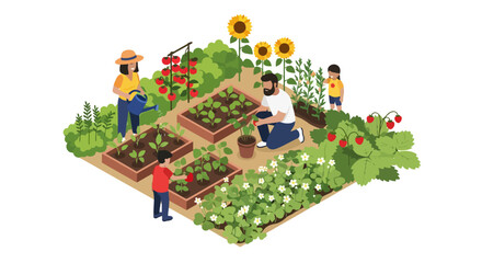 Naklejka premium Community Gardeners Cultivating Fresh Produce and Sunflowers in a Vibrant Urban Farm Setting.