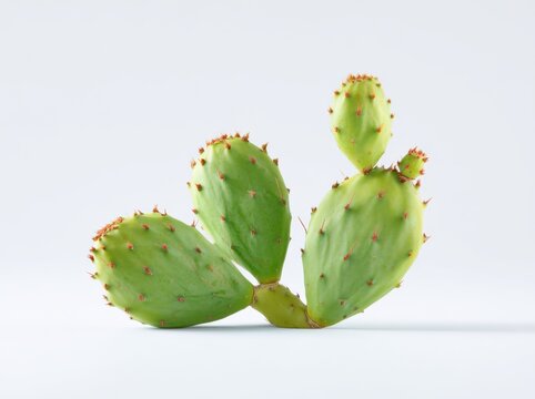Green prickly pear cactus pad with red spines, isolated on white