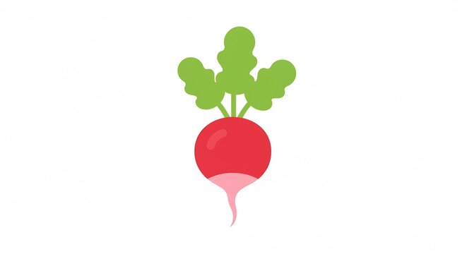 A vibrant red radish stands tall with fresh green leaves in a clean flat design vector illustration.. AI Generated