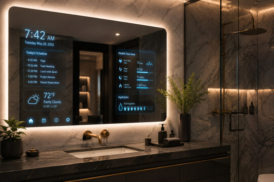 Modern smart bathroom mirror with digital display