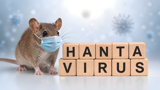 A cute mouse wearing a face mask stands next to wooden blocks spelling Hanta Virus, conveying health and safety during a pandemic.