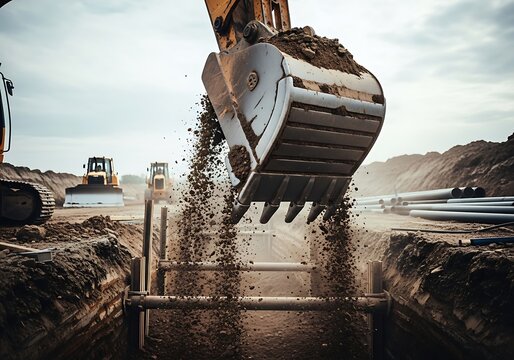 Excavator Dumping Soil at Construction Site with Dusty Industrial Atmosphere. escavator bucket 