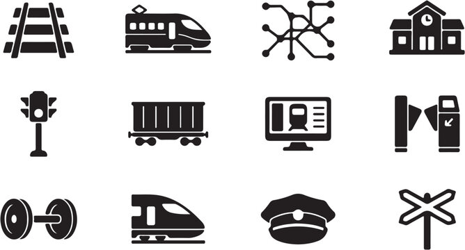 Collection of transportation and railway icons.