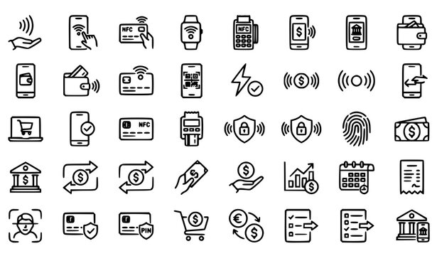 Modern contactless pay linear icon collection with editable stroke for mobile banking and wireless payment systems