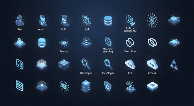 Futuristic AI Technology and Data Icons Set Glowing Blue