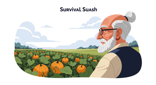 Elderly man with white beard and glasses looking at a pumpkin field.