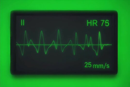 A vivid glowing green electrocardiogram waveform and vital statistics including heart rate 75 and 25 mm/s speed are prominently displayed on a sleek dark digital medical monitor screen