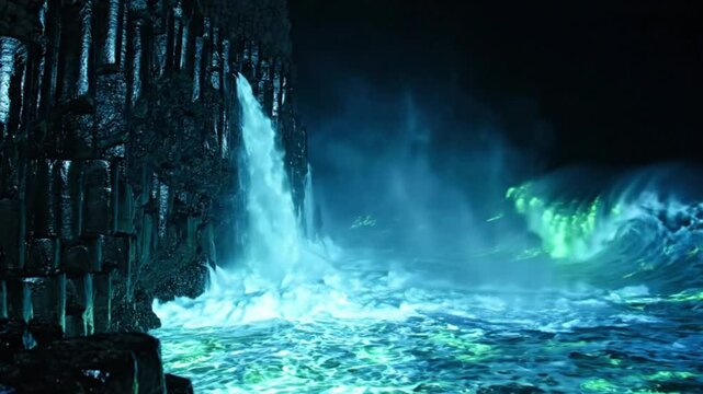 Ethereal Blue Waterfall in Dark Cave with Crashing Ocean Waves, Fantasy Landscape