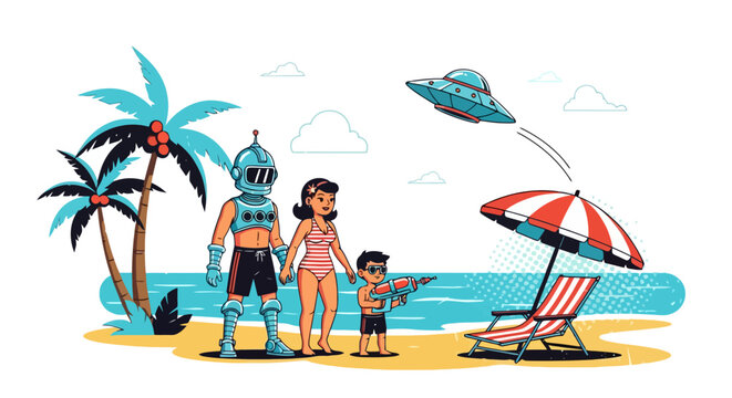 Family with robot and child on beach watching UFO.