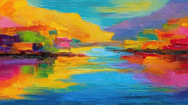 Abstract impressionist landscape painting with vibrant colors and textured brushstrokes