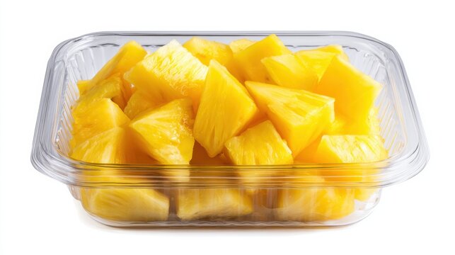 Fresh-Cut Fruit Freshly cut pineapple chunks neatly packed in a clear plastic container.