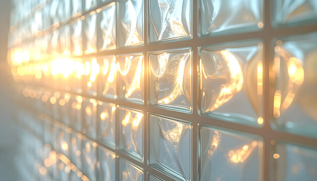 Glass block wall from the eighties featuring translucent wavy textures and soft glowing light with clean white grout lines and bokeh generative AI