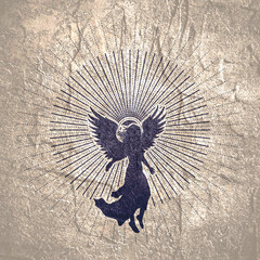 Naklejka premium Fantasy woman angel soars in the air with huge bird wings. Girl in levitation flies. Lady goddess in dress, fabric waving fluttering in motion