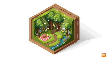 Obraz premium Isometric Forest Picnic Scene in a Wooden Box.