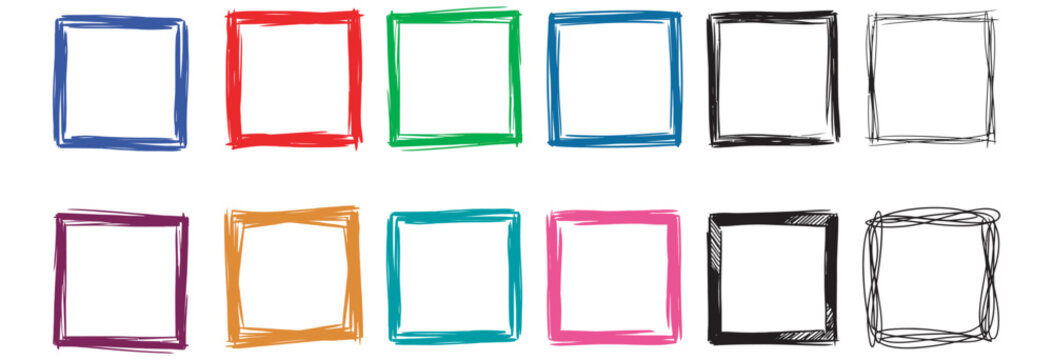 Collection of hand-drawn square frames in various vibrant colors on transparent background