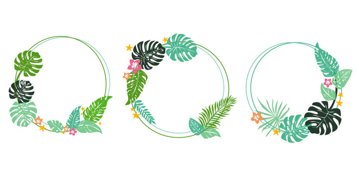 Colorful tropical leaves and flowers decoration collection. Set of summer and tropical resort decoration frame. Vector illustration.