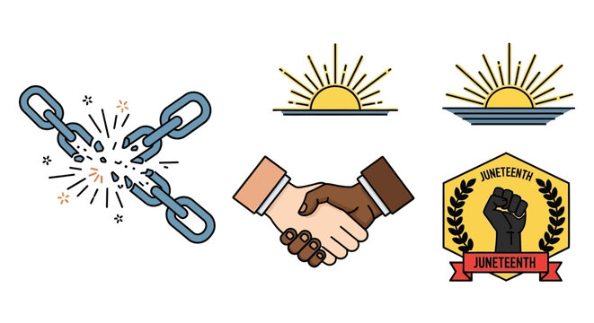 Graphic illustration of a breaking chain, handshake, and Black Lives Matter logo on white background with yellow sunburst symbols.