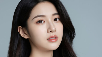 Fototapeta premium Close-up of a Young Korean Woman with Long Black Hair: A striking portrait of a young Korean woman, her long, dark hair cascading around her shoulders, with expressive eyes and a soft gaze.