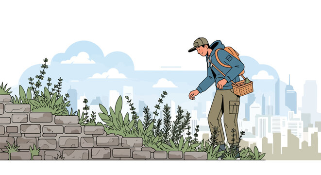 Man in outdoor attire with backpack and satchel walking uphill.