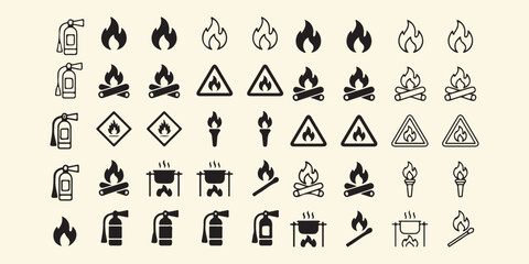 Naklejka premium Fire icons and symbols for safety and warning signs various flaming objects