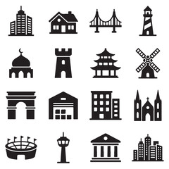 Fototapeta premium Architecture landmark vector silhouette icon pack featuring iconic buildings bridges and historical structures