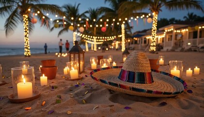 Obraz premium Tropical Fiesta on the Beach: A serene beach scene adorned with twinkling lights, glowing candles, and a colorful sombrero sets the mood for a vibrant tropical celebration.