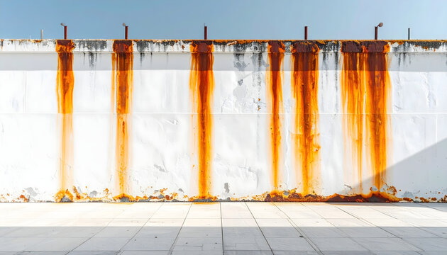 White plaster wall featuring heavy vertical rust streaks dripping from top iron fixings showing sharp contrast between matte and oxidation generative AI