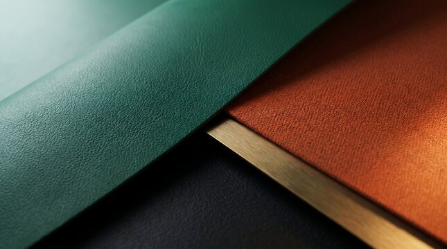 Abstract geometric background featuring layered green leather and textured orange suede surfaces with metallic golden accents