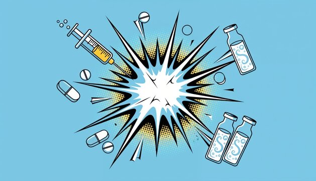 Explosive Medical Illustration: A dynamic comic-book-style illustration depicting a burst of energy, surrounded by medical paraphernalia like syringes, pills, and vials.