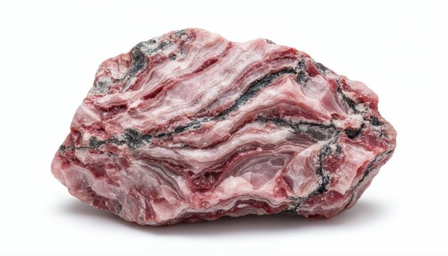 Rhodonite Mineral Specimen: A striking specimen of rhodonite, showcasing its characteristic pink hues marbled with black and white bands, displayed against a clean white background.