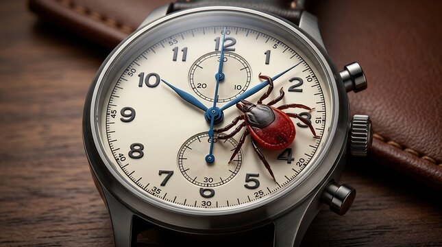 Small parasitic tick crawling on a vintage style chronograph wristwatch face resting on a dark rich wooden surface texture