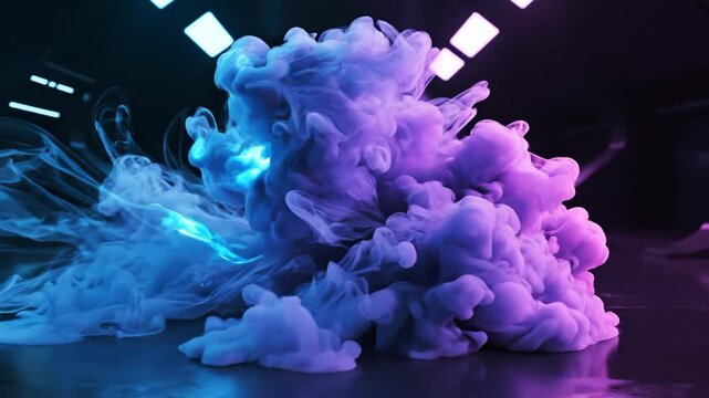 Asap Abstrak Neon Futuristik. Gambar menampilkan gumpalan asap tebal berwarna biru-ungu di atas lantai reflektif dalam ruangan bergaya futuristik, diterangi cahaya neon dramatis yang menciptakan suasa