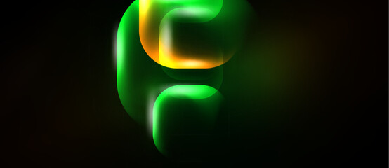 Naklejka premium Glowing letterform. Green, yellow hues dominate dark background. Fluid shapes create abstract design. Modern aesthetic.
