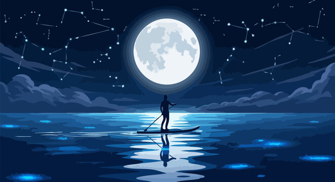 Person paddleboarding under a full moon at night.