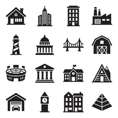 Fototapeta premium Vector real estate architecture buildings residential commercial industrial landmarks icon pack