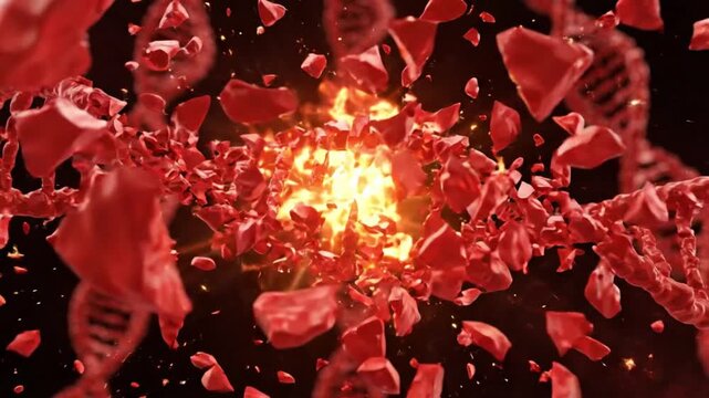 Abstract representation of exploding DNA strands, symbolizing genetic mutation and scientific breakthrough in biotechnology and medicine
