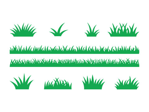 Green grass blades and lawn borders set isolated on a white background