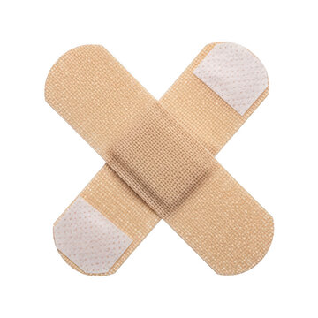 A close-up view of a white adhesive bandage with a beige fabric center isolated on transparent background