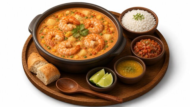 Premium 3d isometric illustration of Peruvian chupe de camarones, authentic shrimp chowder isolated presentation asset for seafood menus