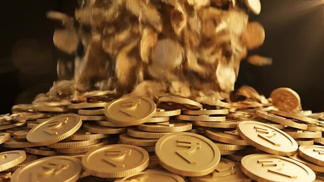 Golden coins falling and accumulating in a large pile.