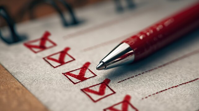 Red pen lying on a completed checklist in a spiral notebook