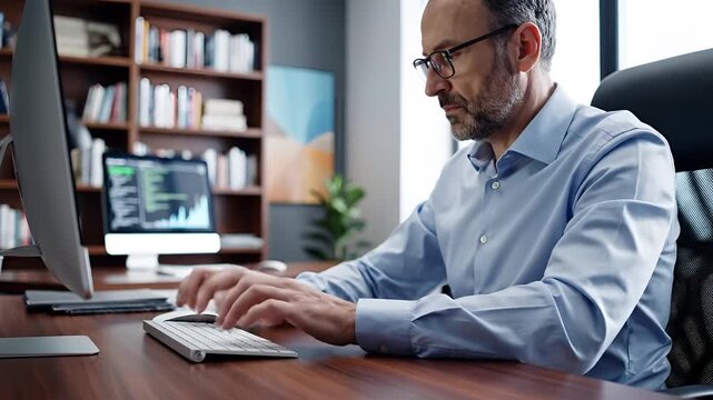 Mature man working on computer in office setting with bookshelves.