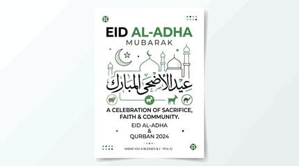 Fototapeta premium Eid Al-Adha Mubarak Poster Design with Arabic Calligraphy and Mosque Illustration