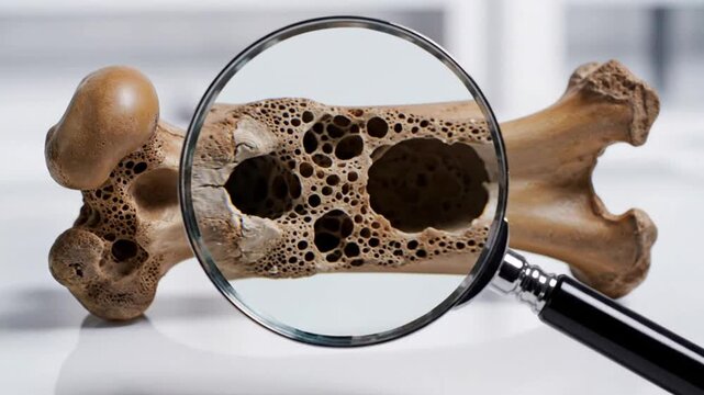 Close-up view of a magnified bone structure with porous holes and a detailed texture on a white surface