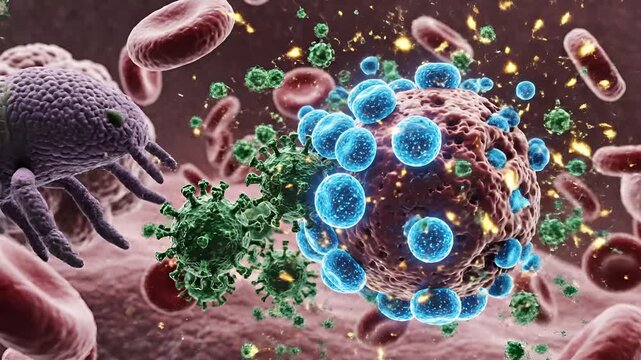 Microscopic battle Immune cells attacking cancer cells and viruses in bloodstream.