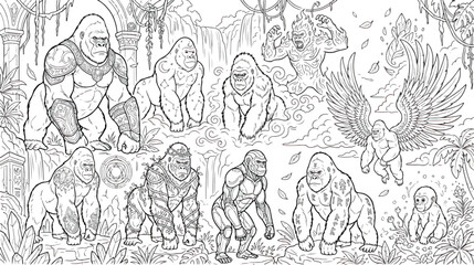 Fantasy gorilla warrior coloring page, mythical primate characters in jungle ruins, black and white line art vector set for kids and adults © Fahad