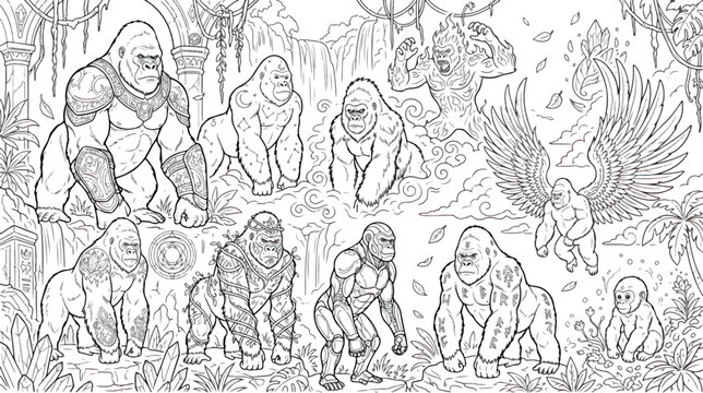 Fantasy gorilla warrior coloring page, mythical primate characters in jungle ruins, black and white line art vector set for kids and adults